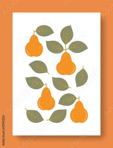 Vector illustration abstract still life of pear leaves and pear fruit in pastel colors. Isolated collection of contemporary art.