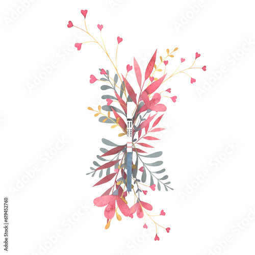 positive pregnancy test, hcg testing, gestation confirmation, twig flowers, isolated hand drawn illustration