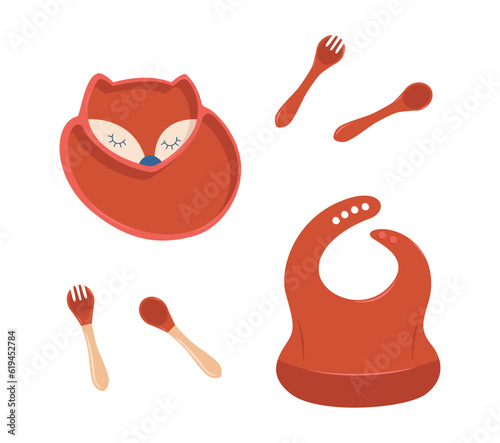 Kids plate, fork and spoon silicone dishware for baby vector. White background. Kids Dinner Time