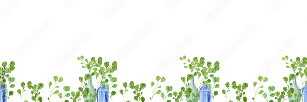 border, ornamental stripe with twigs, greenery, glass bottles, seamless print drawn in watercolor
