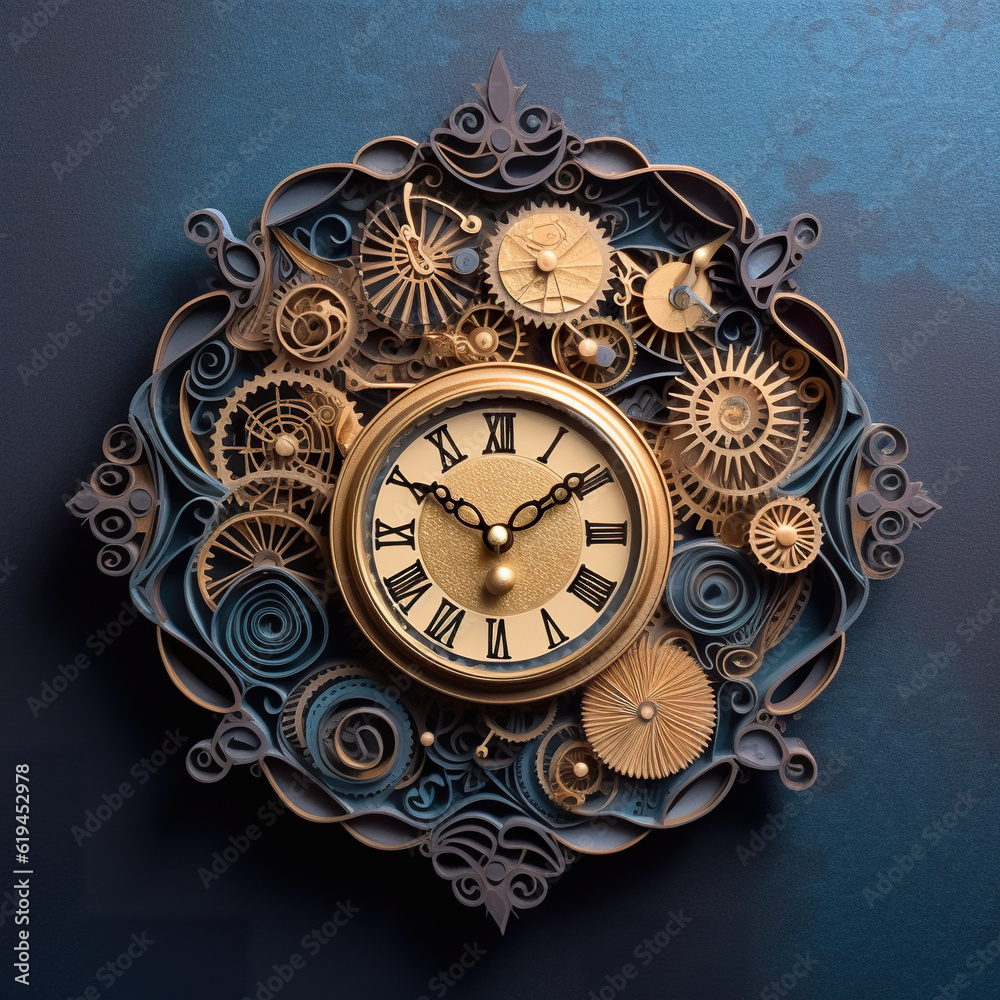 A clock made out of gears on a blue wall. Generative AI.