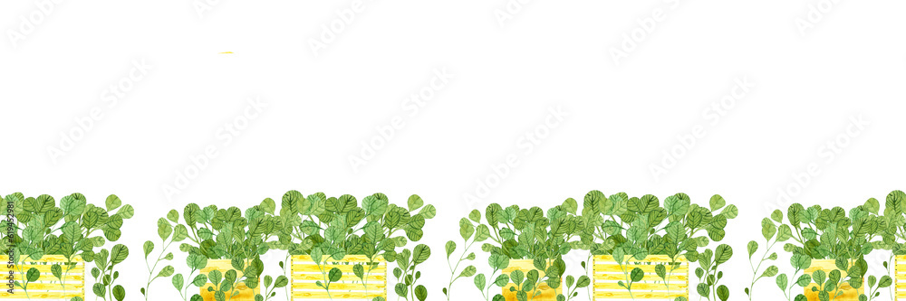 Fototapeta premium border with twigs, ornamental stripe with greenery, wooden crates, wicker basket, glass vase, glass bottle, watercolor hand drawn isolated picture