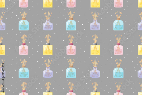 Home fragrances seamless pattern, colorful glass bottles with aroma sticks on grey background, flat design