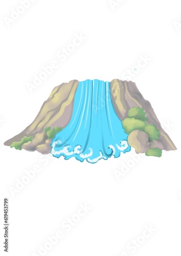 illustration of items for computer games, waterfall, mountains, water, plants