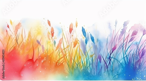 wild grass field watercolor white rainbow multicolored background. generative ai