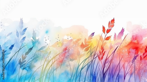 wild grass field watercolor white rainbow multicolored background. generative ai