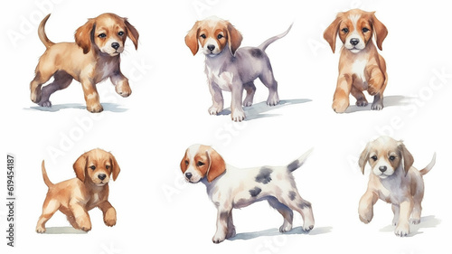 a group of cute watercolor puppies on a white background. generative Ai © kichigin19