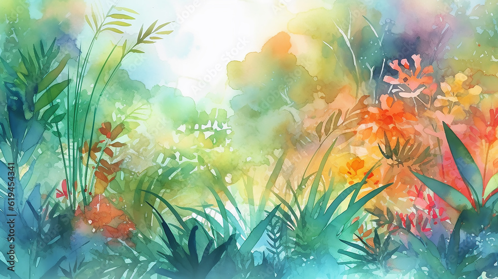 Obraz premium abstract summer watercolor background flowers landscape vacation. generative Ai