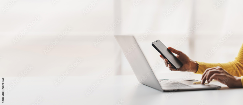 Type search information from the Internet network. Businessman working with smartphone, tablet and laptop computer on table in office. network concept - obrazy, fototapety, plakaty 