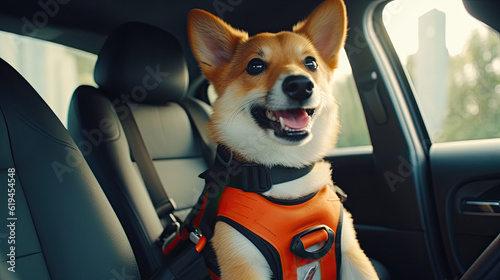 dog in car with safety belt and smile. ai generative