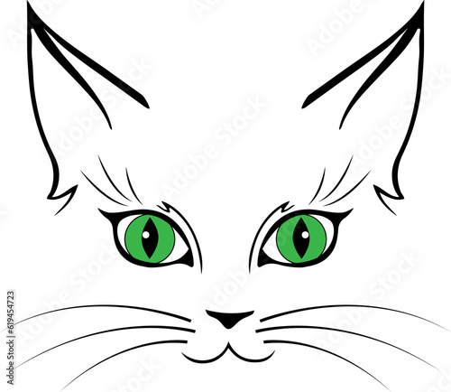 illustrated cat face with green eyes clipart