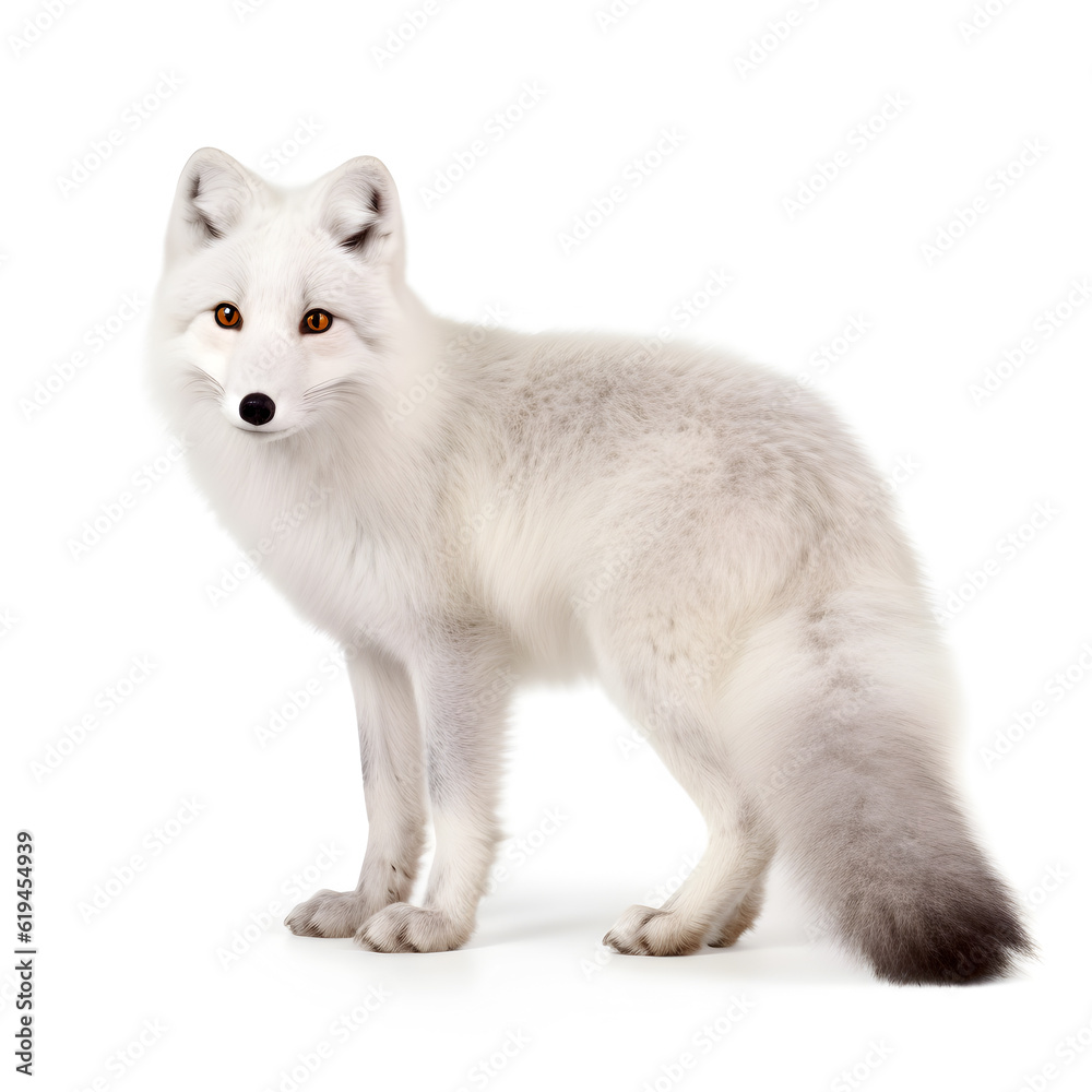 White arctic fox on a white background.