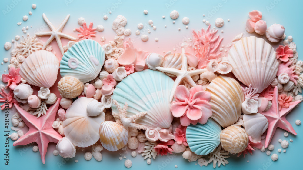 Seashells, starfish and pearls in pastel pink and blue colors with copy space. Photorealistic illustration of Generative AI.