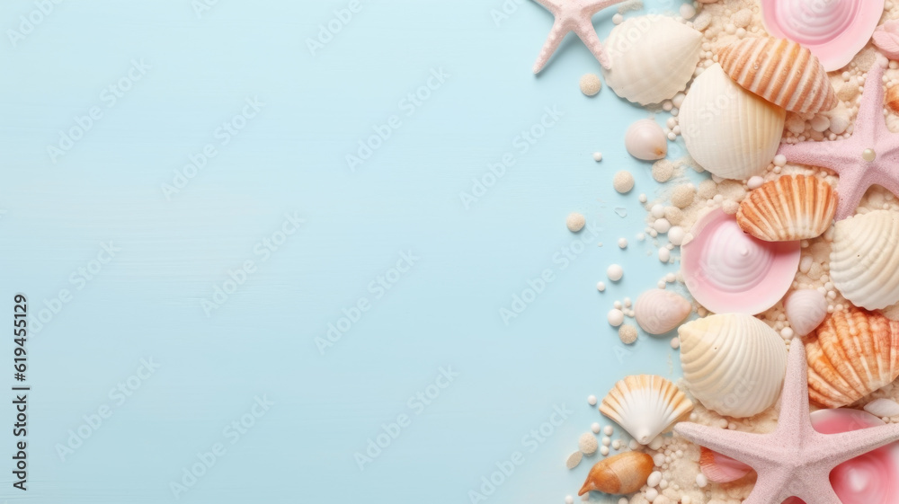 Seashells, starfish and pearls in pastel pink and blue colors with copy space. Photorealistic illustration of Generative AI. Seashells, starfish and pearls in pastel pink and blue colors with copy space. Photorealistic illustration of Generative AI.