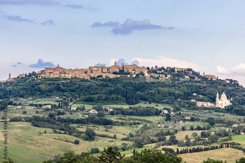 Cityscape of Montepulciano, ancient city in Tuscany, Italy, on high ground with scenic greeneries and is popular tourism landmark.