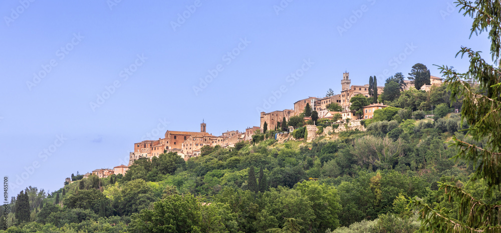Cityscape of Montepulciano, ancient city in Tuscany, Italy, on high ground with scenic greeneries and is popular tourism landmark.