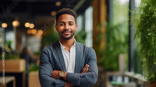 Young manager, leadership and smile of a black man standing with arms crossed in a startup business for motivation, innovation and success photo