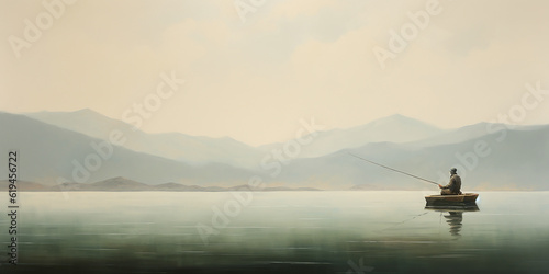 Lone fisherman on a boat at the lake. Minimalistic oil painting. Generative AI illustration.