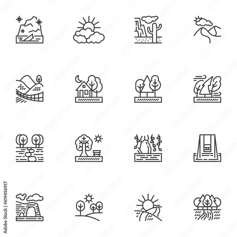 Nature landscape line icons set