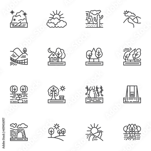 Nature landscape line icons set