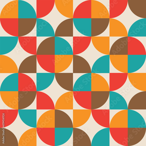 Mid century modern half circles seamless pattern  in red, orange, aqua and brown . For home decor, wallpaper and textile 