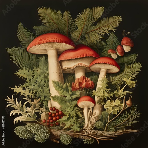 Vintage botanical mushroom painting, 