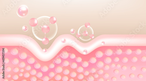 Hyaluronic acid hair and skin solutions ad, pink collagen serum drop into skin cells with cosmetic advertising background ready to use, illustration vector.	