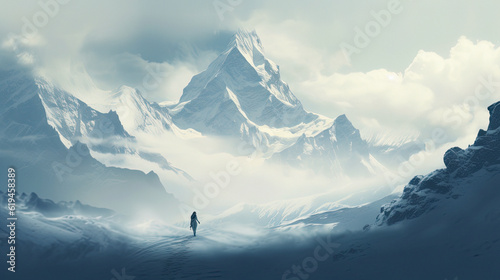 A snow-covered mountain range under an overcast sky. mountain climber silhouette. Generative ai. © ZoomTeam