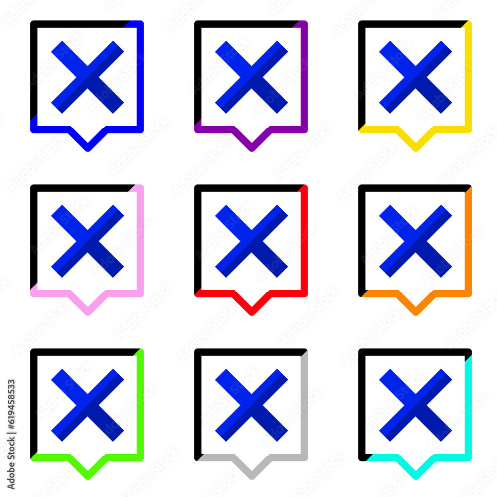 バイカラーな青いバツと2色の四角い吹き出し　9個セット