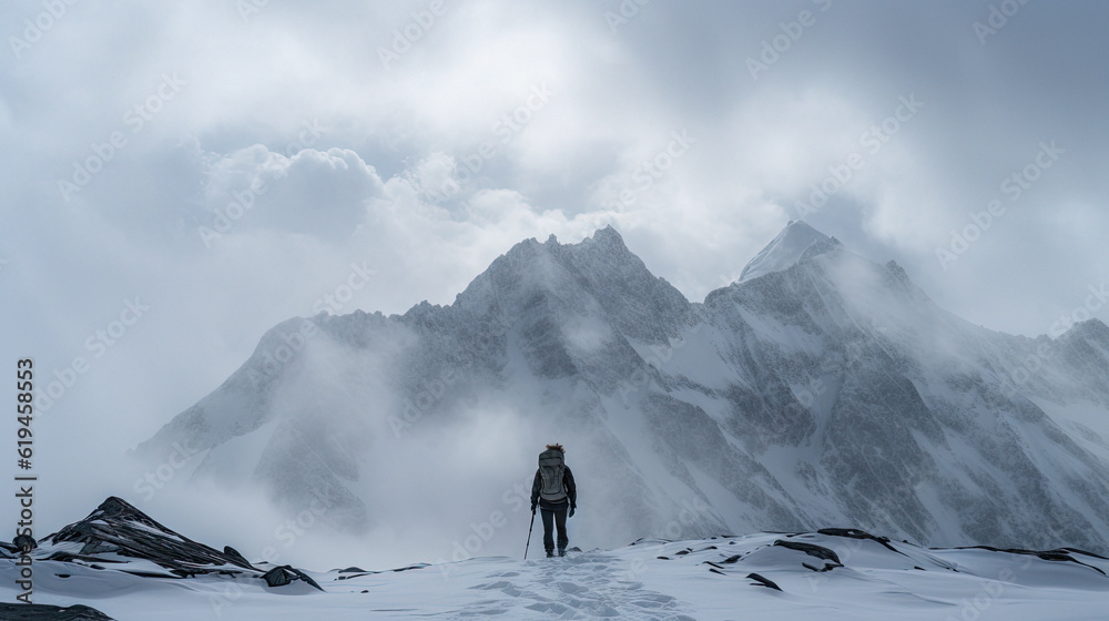 A snow-covered mountain range under an overcast sky. mountain climber silhouette. Generative ai.