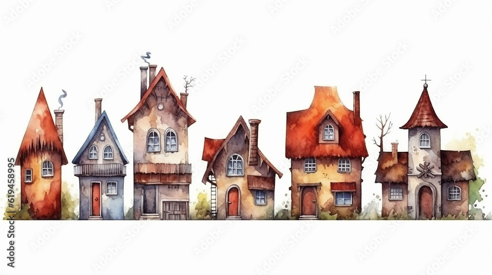 collection of a set of small European rustic fairy-tale houses painted in watercolor. Generative AI