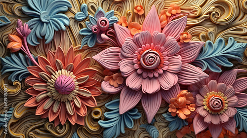 3d multicolored flowers three-dimensional painting background. flower ornament generative AI