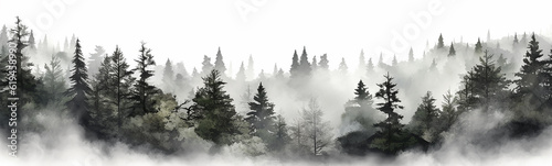 coniferous forest isolated on a white background panorama, tops of fir trees. Generative AI © kichigin19