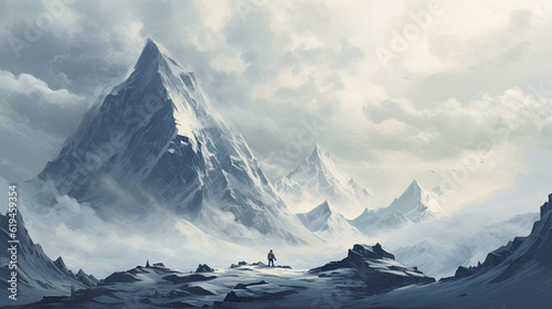 A snow-covered mountain range under an overcast sky. mountain climber silhouette. Generative ai. © ZoomTeam