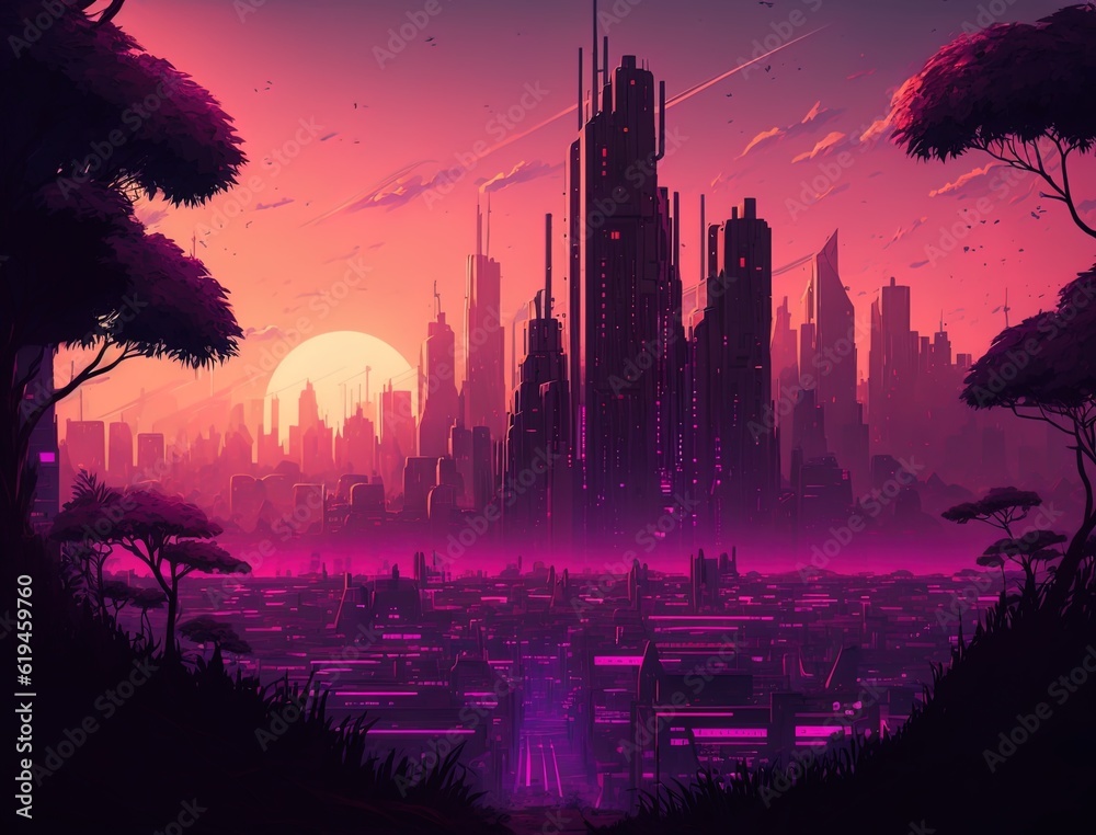 A panoramic illustration of a cyberpunk metropolis (Generative AI)