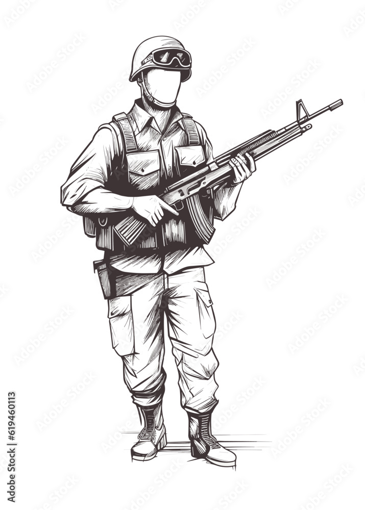 Black and white illustration of a soldier with gun. Army, military, armed force vector Black and white illustration of a soldier with gun. Army, military, armed force vector