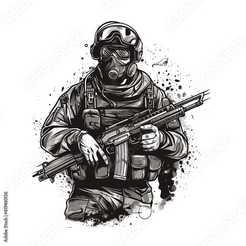 Black and white illustration of a soldier with gun. Army, military, armed force vector