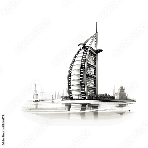 Burj al arab. Black and white illustration of a Dubai's famous skyscraper Bur Al Arab	