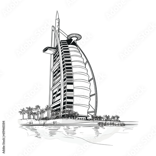 Burj al arab. Black and white illustration of a Dubai's famous skyscraper Bur Al Arab