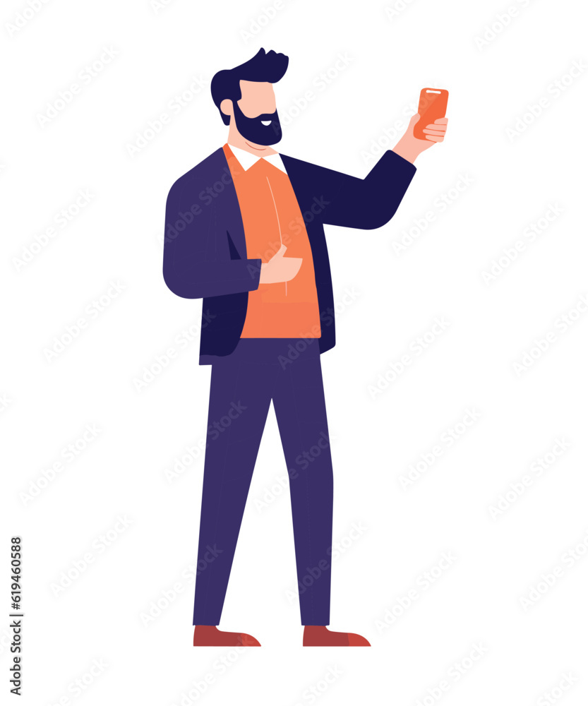Man with mobile phone. Male character holding smartphone