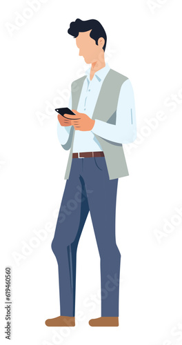 Man with mobile phone. Male character holding smartphone