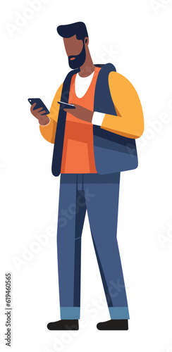 Man with mobile phone. Male character holding smartphone