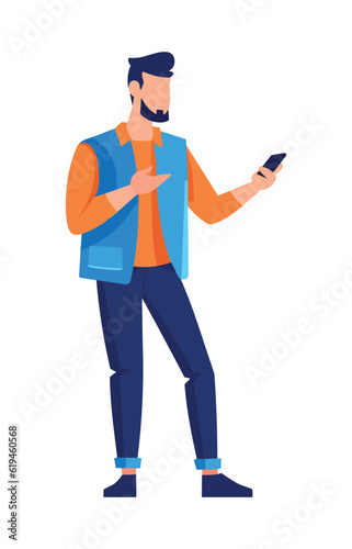 Man with mobile phone. Male character holding smartphone