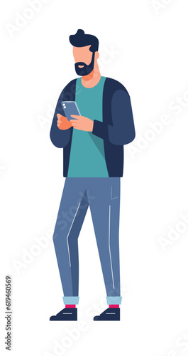Man with mobile phone. Male character holding smartphone