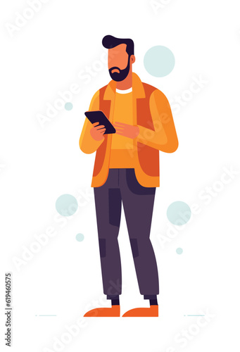 Man with mobile phone. Male character holding smartphone