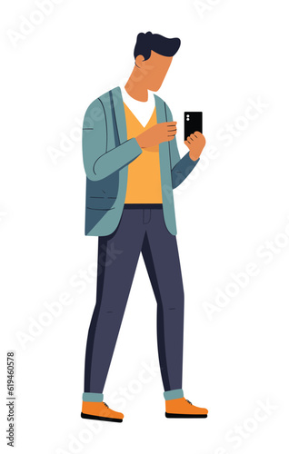 Man with mobile phone. Male character holding smartphone