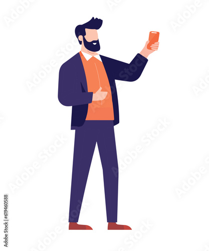 Man with mobile phone. Male character holding smartphone