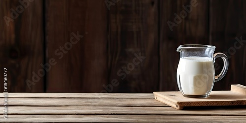 Fresh and organic milk in glass on rustic wooden table on dark background for your product showcase with copy space