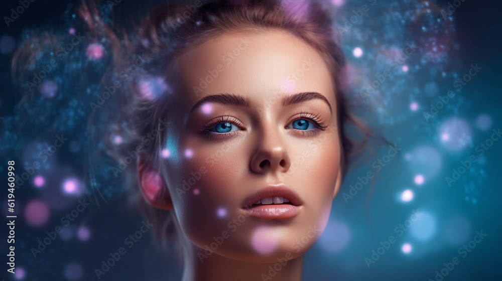 Portrait of woman, skincare and beauty cosmetics for shine, wellness or healthy glow on studio background. Happy model touching face made with AI generative technology