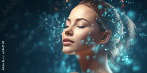 Portrait of woman, skincare and beauty cosmetics for shine, wellness or healthy glow on studio background. Happy model touching face made with AI generative technology